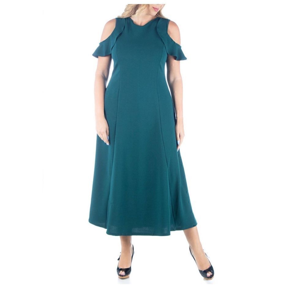 24/7 comfort apparel ruffle cold shoulder maxi dress hunter green 3XL New